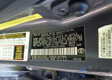 2017 Toyota Camry Se from USA, damaged, VIN 4T1BF1FK0HU333028